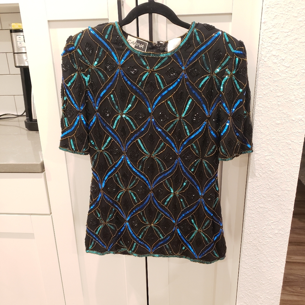 Vintage Carina Sequin Beaded Short Sleeve Blouse